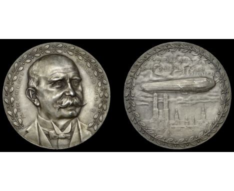 GERMANY, Flight of the Airship LZ 3 over Munich, 1909, a silver medal by K. Goetz, bust of Ferdinand von Zeppelin facing thre