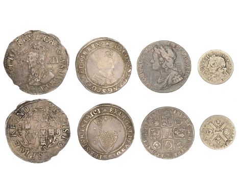 Charles I, Tower mint, Shilling, Gp D, type 3a, mm. tun, 5.84g/11h (S 2791); George II, Shilling, 1735 (S 3700); SCOTLAND, Ch