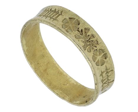 15th century, gold posy ring, 1.92g, 1.8cm diameter; rectangular shaped band, slightly concave, decorated externally with spr