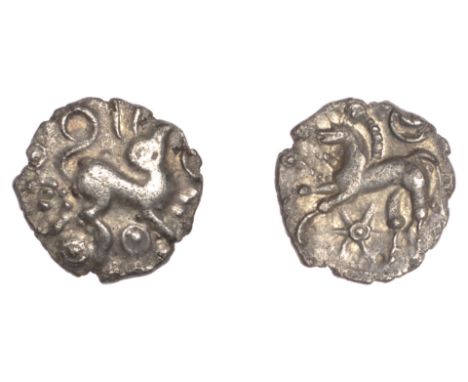 CATUVELLAUNI, Early Uninscribed series, silver Unit, Puckeridge Bird Hair type, animal with long ears and curled tail boundin