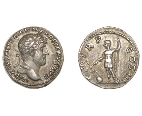 Roman Imperial Coinage, Hadrian, Denarius, 121-3, laureate bust right, rev. Hadrian, in military dress, standing left holding