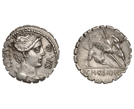 Roman Republican Coinage, C. Hosidius Geta, serrate Denarius, c. 68, large draped and diademed bust of Diana right, quiver an