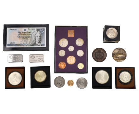 George V, Sovereign, 1915 (S 3996); together with two 100g bars of ‘fine’ silver, miscellaneous coins (14), medals (2) and a 