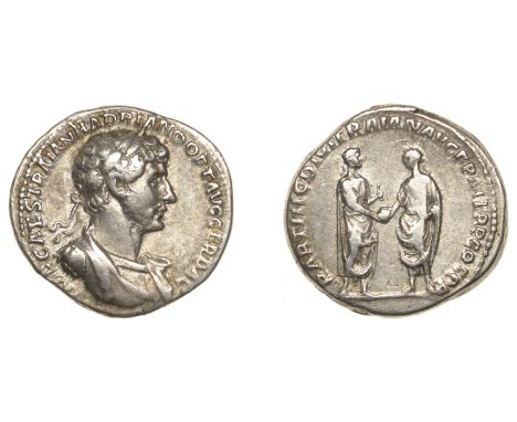 Roman Imperial Coinage, Hadrian, Denarius, 117, laureate, draped and cuirassed bust right, rev. Trajan and Hadrian standing v