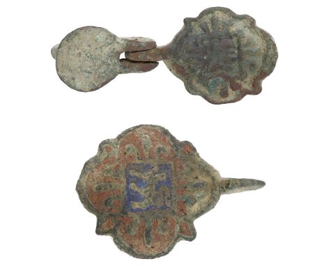 14th century, heraldic pendants (2), 2.9cm and 2.2cm wide, both of pointed quatrefoil shape decorated with fleur-de-lis in ea