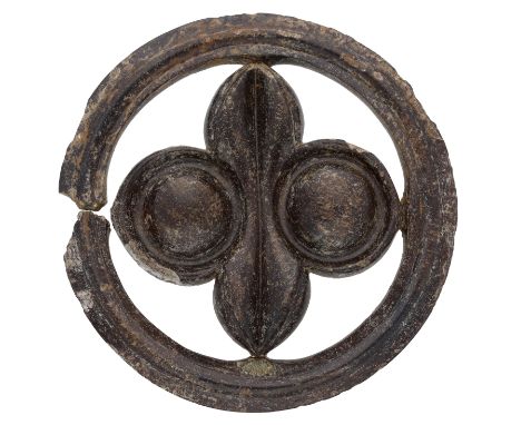 Celtic, open-work circular bronze harness mount, 1st century AD, 4.5cm diameter, decorated in the centre with two bosses flan