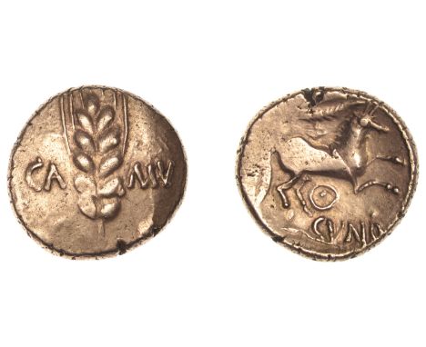 CATUVELLAUNI, Cunobelin (8-41 AD), Stater, Wild B [Ring type], ear of barley dividing ca-mv, rev. horse prancing right, branc