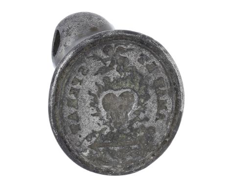 18th century, silver fob seal matrix, oval face with design of a cupid above a flaming heart with arrow below, amar et sperat