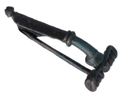 Celtic, Aylesford type bronze bow brooch, c. 45 BC, one-piece construction with an expanded collared head, collared moulding 