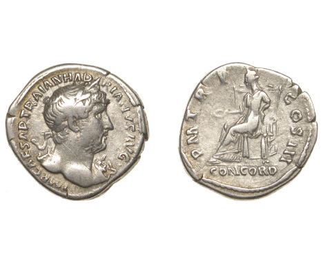 Roman Imperial Coinage, Hadrian, Denarius, 119-23, laureate bust right, ægis on far shoulder, rev. Concord seated left on hig