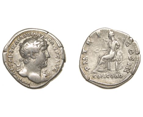 Roman Imperial Coinage, Hadrian, Denarius, 119-23, laureate bust right, ægis on far shoulder, rev. Concord seated left on hig