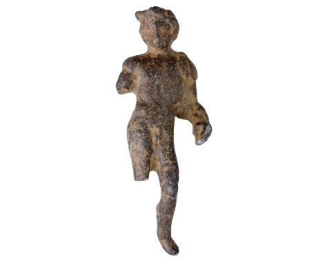 Romano-British, bronze figure of Mercury, 2nd century AD, 8.3cm high by 3.6cm wide, moulded in the round, Mercury is shown st