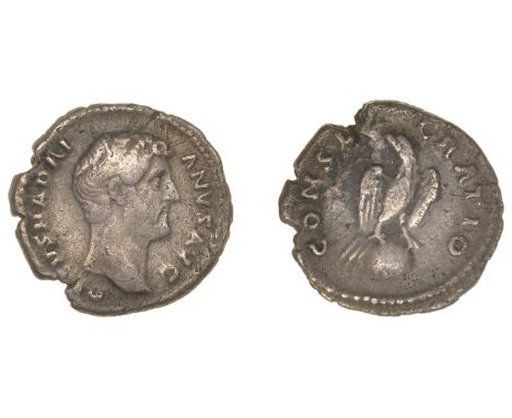 Roman Imperial Coinage, Divus Hadrian, Denarius, 138 or later, bare-headed bust right, rev. eagle, wings open, standing on gl