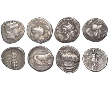 LUCANIA, Velia, Didrachm or Nomos, c. 300-280, head of Athena right, wearing crested helmet, rev. lion walking right, caduceu