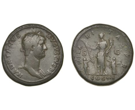 Roman Imperial Coinage, Hadrian, Sestertius, c. 128-9, laureate bust right, drapery on far shoulder, rev. Hilaritas standing 