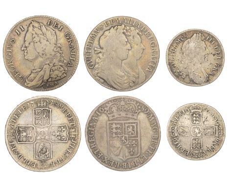 William and Mary, Halfcrown, 1689, first shield (S 3434); William III, Shilling, 1696, first bust (S 3497); George II, Halfcr