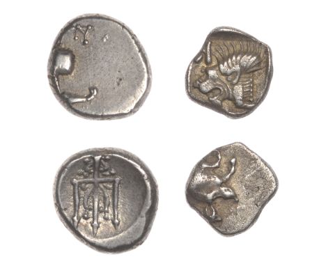 THRACE, Byzantion, Hemidrachm, 400-330, rev. trident, 1.88g (SNG BM 12); MYSIA, Kyzikos, Obol, c. 450-400, forepart of boar l