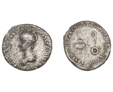 Roman Imperial Coinage, Nero (as Cæsar), Denarius, 50-4, bare-headed and draped bust left, rev. simpulum above tripod on left