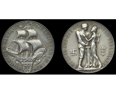 GERMANY, Return of Danzig to Germany, 1939, a silver medal by K. Goetz, ship, arms below, rev. soldier greeting city goddess,