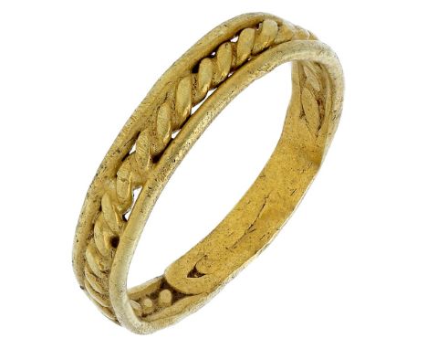 Anglo-Saxon, gold ring, 1.5cm-1.7cm diameter; the hoop is a sheet strap composed of a central braided wire flanked by a circu