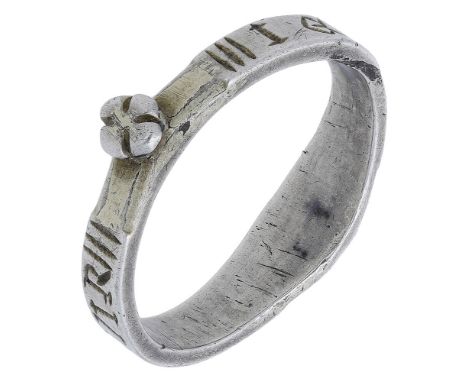 14th century, gilt-silver stirrup-shaped ring, 2.4cm diameter, rectangular section hoop decorated externally with clasped han