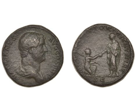 Roman Imperial Coinage, Hadrian, Sestertius, c. 130-3, bare-headed bust right, rev. Emperor, togate, standing left, holding s