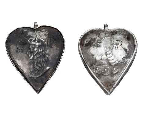 Marriage of Charles II and Catherine of Braganza, 1662, a heart-shaped silver locket, crowned bust of Charles left, engraved 
