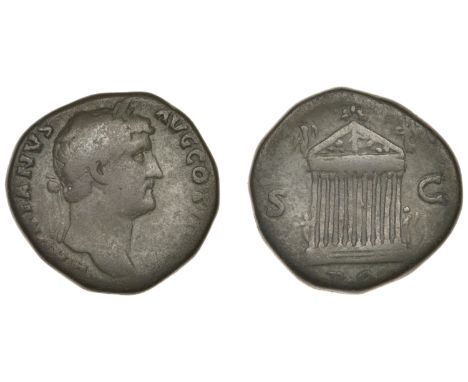 Roman Imperial Coinage, Hadrian, Sestertius, 137-8, laureate bust right, rev. Decastyle temple, statues in centre pediment an