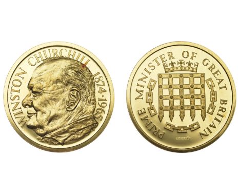 Death of Sir Winston Churchill, 1965, a gold medal by S. Devlin, head left, rev. crowned portcullis, 45mm, 22ct, 54.94g. Bril