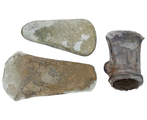 Bronze Age, axes (3), comprising flat axes (2), first with a rounded butt and a rounded cutting edge, 8.8cm long by 4.8cm wid