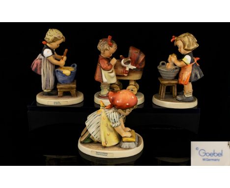 M. J. Hummel Hand Painted Figures ( 4 ) In Total. Comprises 1/ Big House Cleaning. Height 4 Inches - 10 cm High. 2/ Bathing t