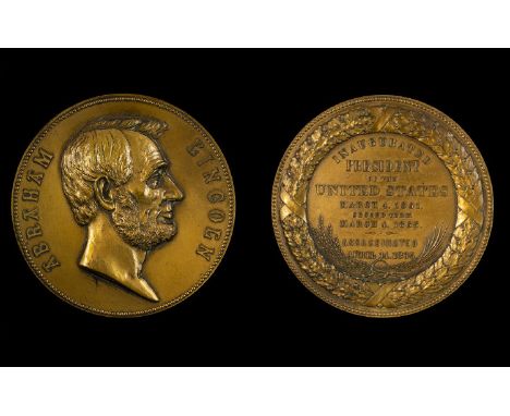 Abraham Lincoln Interest 1865 Proof like, chocolate brown Lincoln Presidential medal, 3 inch PR12 US Mint Dated 1865 but firs