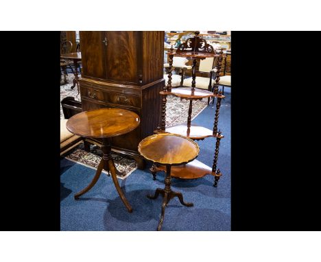 A Small Collection of Furniture to include 4 tier walnut whatnot 50 inches tall and 2 tripod tables with moulded edge. 