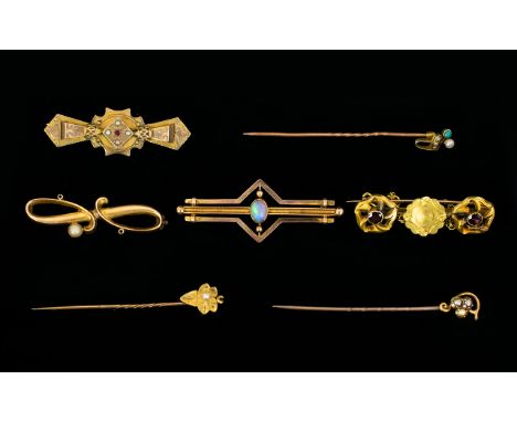 Victorian Period Collection of 15ct &amp; 9ct Gold Stick Pins and Brooches ( All Stone Set ) with Opals, Garnets, Rubies and 