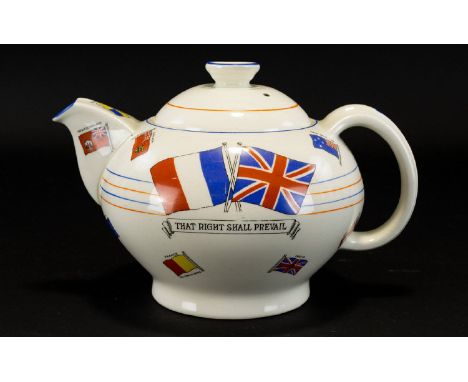 Teapot 'War Against Hitlerism'.  Decorated teapot with 'Liberty &amp; Freedom' banner and flags.  Issued as souvenir for Dyso