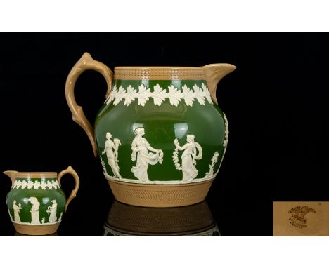 Copeland Late Spode Superb Quality - Green Jasper ware Jug/Pitcher 1890 - 1900. Decorated with Applied Classical Figures on O
