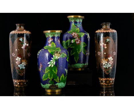 Pair Of Slender Japanese Cloisonne Vases With Brown Enamel Floral Panels, Height 7.5 Inches. With Another Pair Of Blue Enamel
