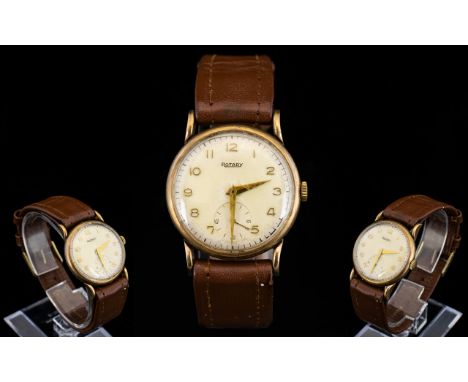 Gents 9ct Gold Rotary Wristwatch, Silvered Dial, Arabic Numerals &amp; Subsidiary Seconds, Manual Wind, Fully Hallmarked 29mm