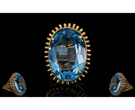 14ct Gold Stone Set Statement Dress Ring Wonderful large faceted bright blue oval stone set in 14ct rope twist effect band. V