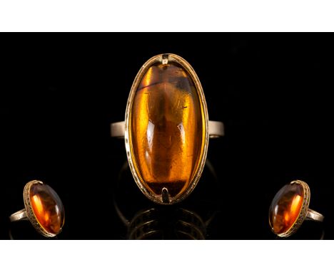 Russian Nice Quality and Attractive Cabochon Cut Amber Set Ring. Set in 14ct Gold. Soviet Russian Gold Marked with the number