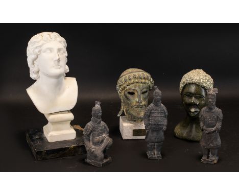 A Collection Of Archaic Style Figures And Collectibles To include three miniature terracotta warriors, cast metal Greek portr