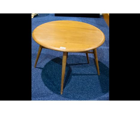 Ercol Small Single Drop Leaf Table - Light elm / ash, circular form, turned supports. 