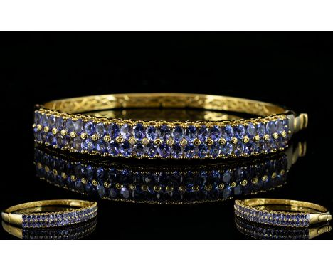 Tanzanite Double Row Hinged Bangle, two rows of oval cut tanzanites, totalling 9cts, set vertically across the front of the b