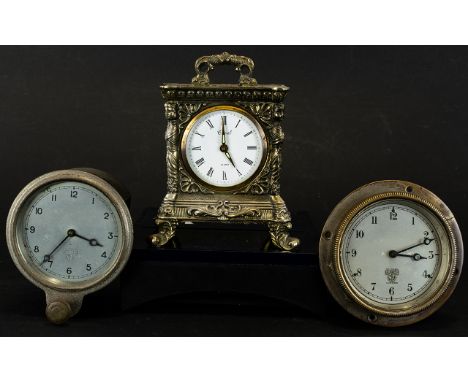 Two Cockpit/Motorcar Clocks Each marked 'Smiths' with white dial and Arabic numerals. Together with a cast metal alarm clock.