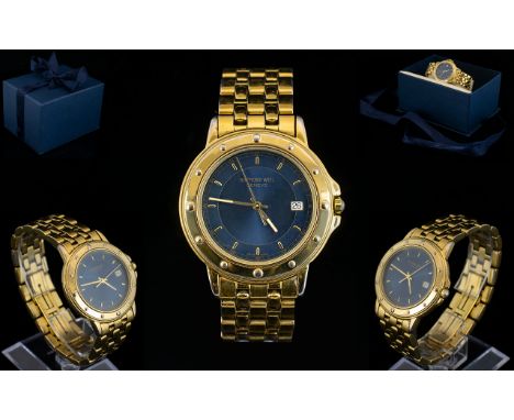 Raymond Weil Geneve Unisex Gold Plated Date-Just Wrist Watch, Features a Blue Dial, Gold Markers, Second Sweep, President Bra