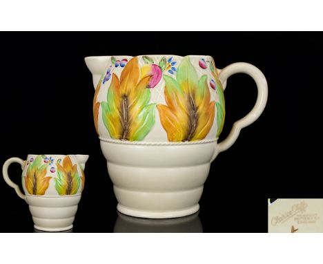 Clarice Cliff Art Deco Hand Painted Jug 'Celtic Leaf and Berry'. Date 1948. Signed to underside of jug. Height 7.75 inches - 