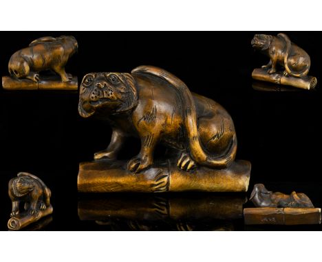 Japanese Superb Quality / Detailed Carved Boxwood Netsuke Meiji Period. Depicts a Large Dog like Creature with Long Tail, Sit