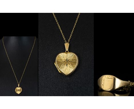 9ct Gold Heart Shaped Locket with Attached 9ct Gold Chain and Small 9ct Gold Ring Attached. All Pieces Hallmarked. 6.1 grams.