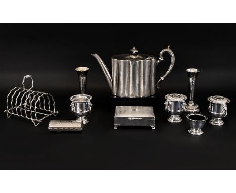 A Small Collection Of Plated Items Approximately ten pieces in total to include early 20th century toast rack of typical form