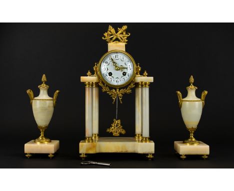 A Late 19th Century Onyx Garniture Clock Set French movement Marked Samuel Marti, painted enamel dial, Arabic numerals, raise